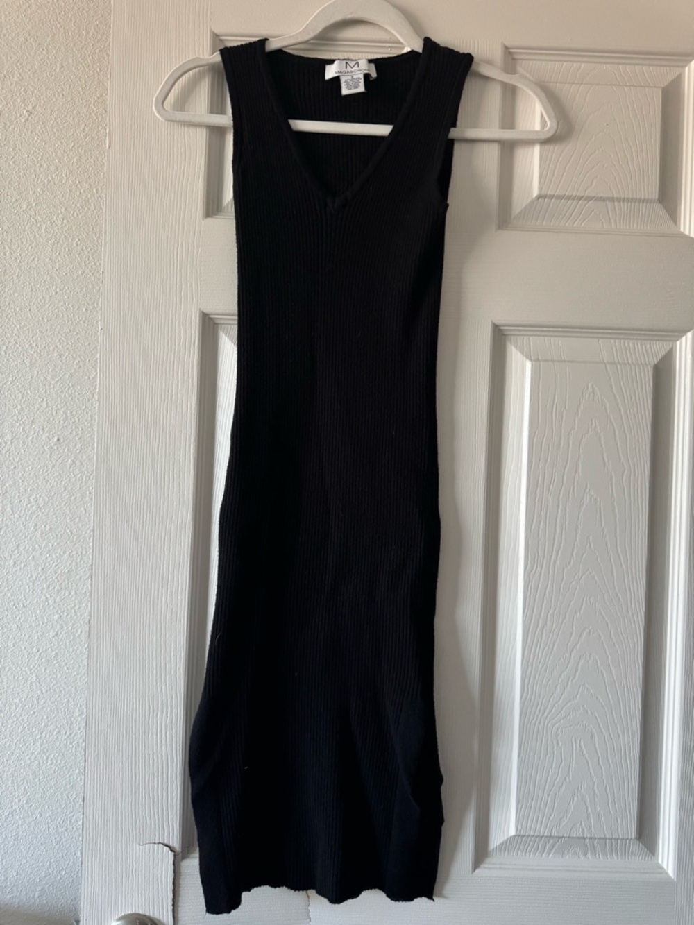 Magaschoni Black Ribbed V-Neck Midi Dress